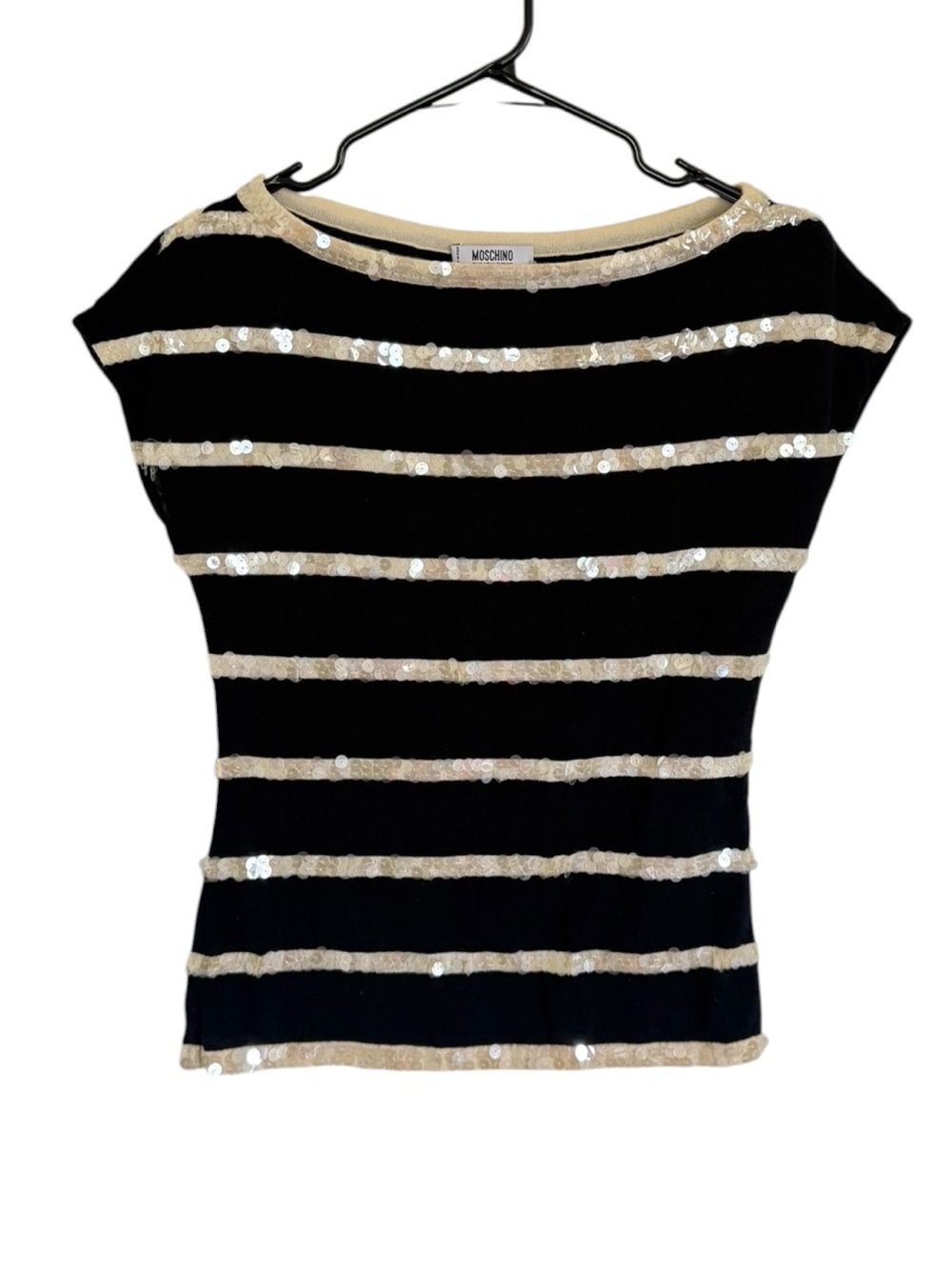 Moschino Cheap & Chic Black & Cream Sequin Stripe Boatneck Top
